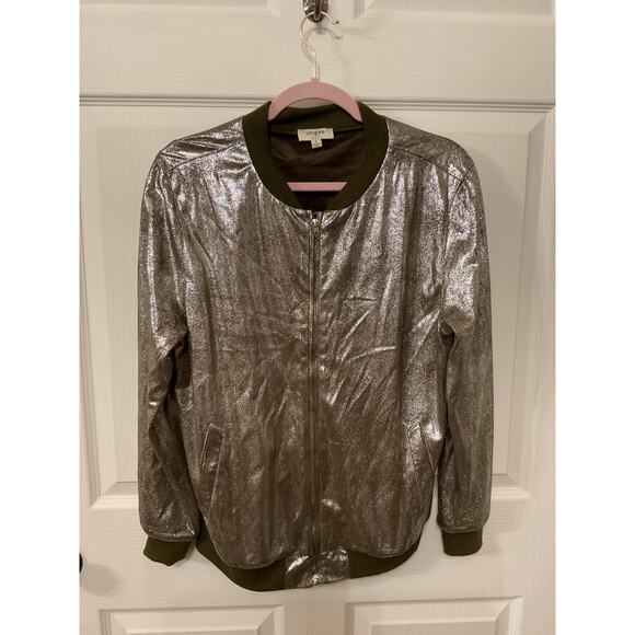 Umgee Metallic Olive Green Zip Up Bomber Jacket, S - Picture 1 of 5